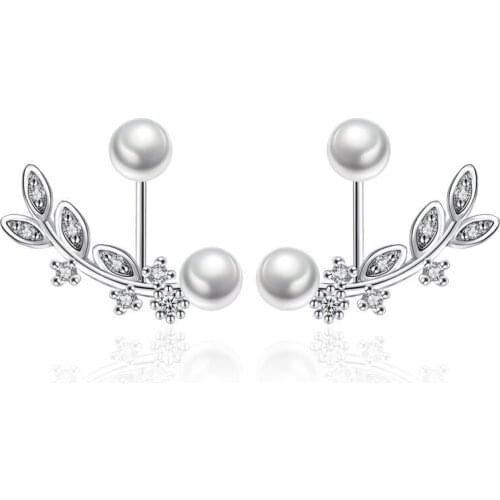 S925 Silver Earring High Quality Crystal Leaf and Pearl Drop Earring For Women Wedding Gift Lady Girl Fashion Jewelry