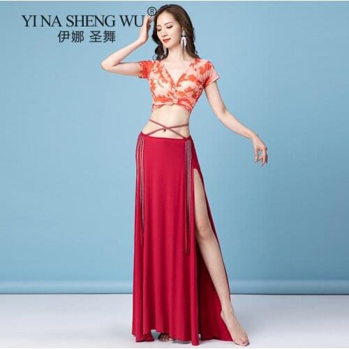 Womens Belly Dance Dance Long Skirt Practice Clothes Tops New Sexy Hollow Split Long Skirt Top Bellydance Performance Costume