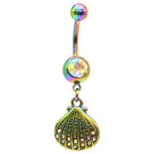 Rainbow Shell Belly Ring Crystal Gem Belly Button Stainless Steel Jewelry Pendant Dangle Body Piercing Nombril Ombligo Women 14G