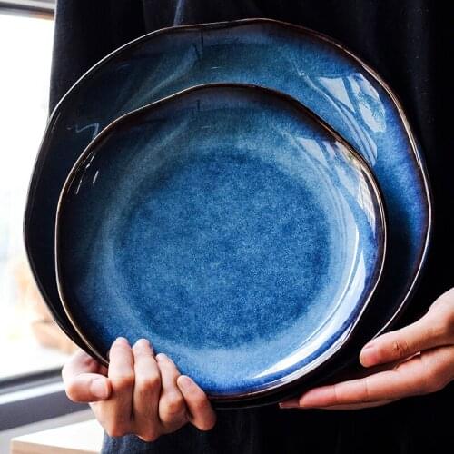 10inch Cats Eye Blue Series Ceramic Western Style Plates Household Flat Dishes Irregular Dishes Steak Plates