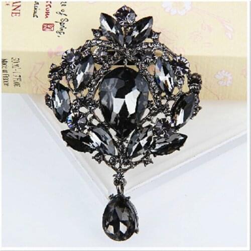 100% Top Quality Vintage Hot Selling Design Huge Black Glass Crystal Drop Pendent Brooch Cheap Price Women Party Brooch Pins