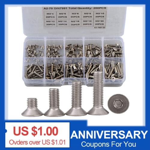 200pcs M3 304 Stainless Steel Hexagon Hex Socket Countersunk Flat Head Screw Combination Set Allen Bolts Kit DIN7991