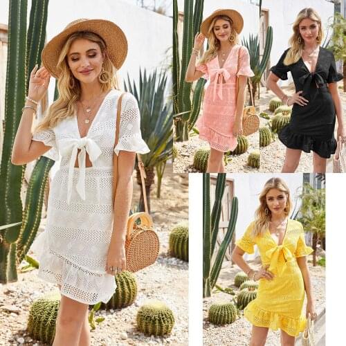 2021 Summer Women Pink Dress A Line Bow Hollow Out Knee Length Butterfly Sleeves Irregular Solid Black White Yellow Dress YY09