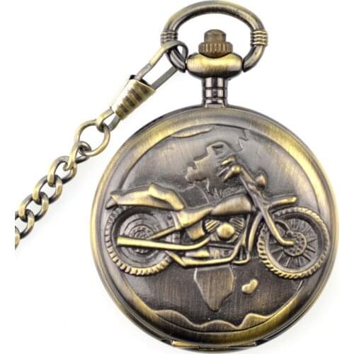 Bronze Quartz Pocket Watch Motorcycle Motorbike Mens Watches Steampunk Pendant Clock with Fob Chain Best Gift for Men Women