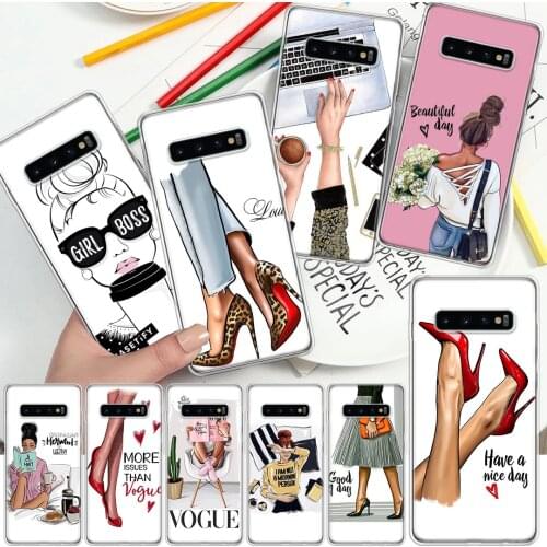 Girl Boss Black Brown Hair Queen High Heels Soft Cover Phone Case For Samsung Galaxy S10 S21 S20 FE S9 S8 S7 Note 10 9 8 Plus Ul