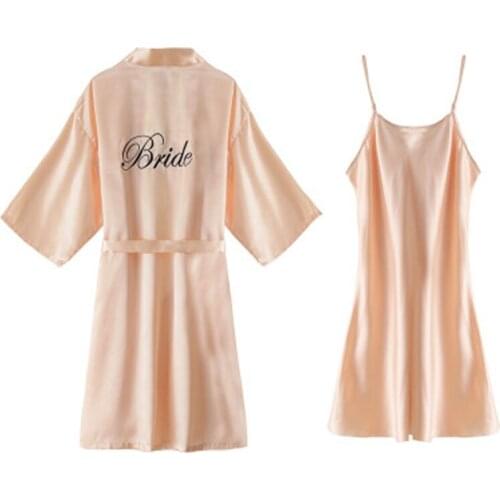Daeyard Silk Satin Robe Gown Set Wedding Wear Bride Bridesmaid Embroidery Robe And Nightgown 2Pcs Sleepwear Short Dress Kimono