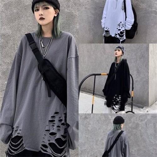 Harajuku Hole T Shirt Women Round Neck Long Sleeve Women Punk T-shirts Top Tees Solid Hip Hop Women Tshirt Streetwear Female