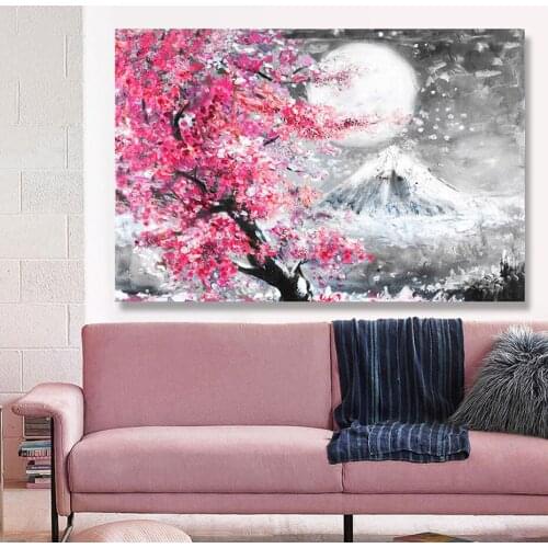 Canvas Painting Prints Sakura Tree Cherry Blossom Japanese Mount Posters Wall Art Pictures for Living Room Kitchen Home Decor
