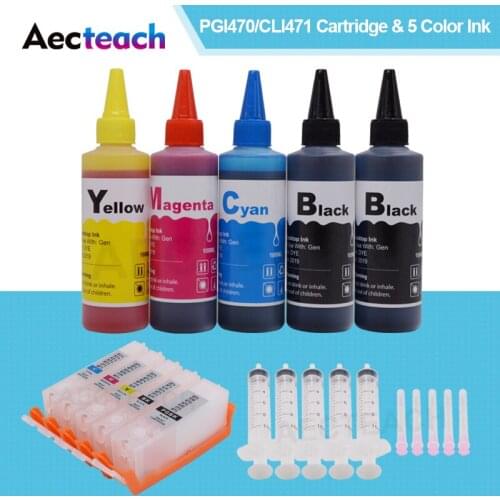 Aecteach PGI 470 CLI 471 Refillable Ink Cartridge For Canon PIXMA MG5740 MG6840 MG7740 TS5040 Printer + 500 ml Bottle Dye Ink