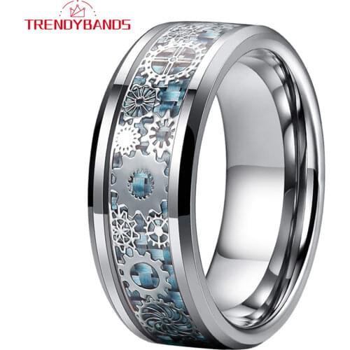 8MM Mens Tungsten Wedding Band Engagement Rings Womens Blue Carbon Fiber Gear Inlay Comfort Fit