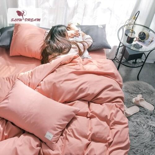 SlowDream Japan Style Bedding Set Duvet Cover bed Flat Sheet Pillowcase 4pcs Bed Linen Solid Color Duvet Cover Set Bedclothes