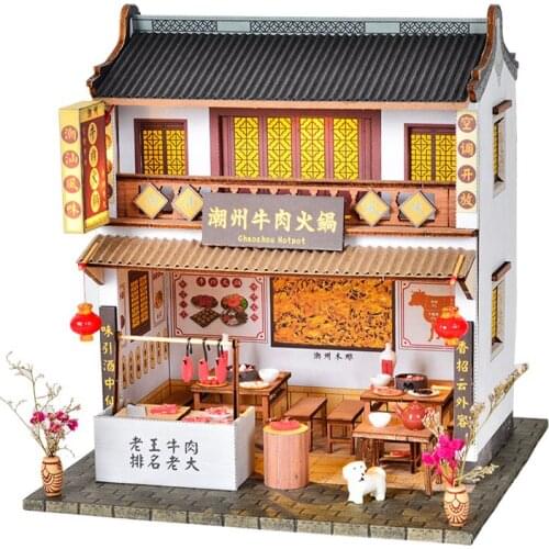 DIY Doll House Wooden Hand-assembled Street View Theater DIY Ornaments Food and Play Model Toys Miniture Mini Dollhouse