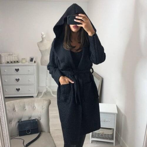 Hot Selling Hooded Loose Medium Length with Belt Woolen Coat Army Green Brown Trench Windbreaker