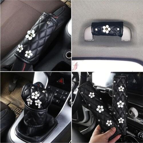 Small Daisy Flower Diamond-encrusted Gear Shift Collar Rearview Mirror Seat Belt Cover Car Interior Supplies Handbrake Cover