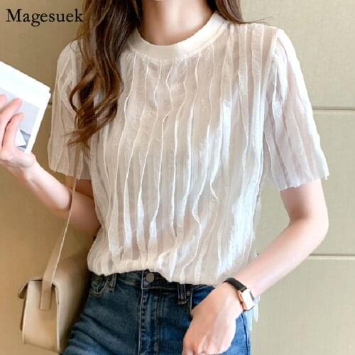 Fashion Summer Loose White Blouse Women 2021 Korean Pleated Short Sleeve Female Shirt Tops Casual Women Clothing Blusas 14348