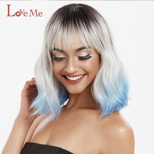 LOVE ME Synthetic Wig With Bangs Natural Curly Bob Cosplay Wigs 10 inch Short Wavy Gentle Ombre Blue color Fake Wig New Arrival