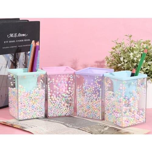 Creative Rounded Square Shape Pencil Case Cute Pink Transparent Pen Holder Large Capacity Storage Box For School Stationery Box