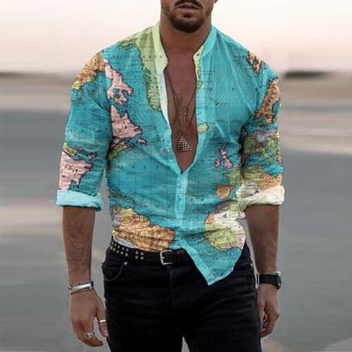 Spring Autumn Mens Casual Shirts Vintage Map Printed Long Sleeve Slim Tops For Men New Turn-down Collar Fashion Buttoned Shirts