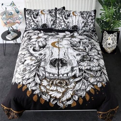 Wolf Skull By Scandy Girl Bedding Set Floral Leaf Quilt Cover Animal Skeleton Gothic Bed Set Queen 3pcs Golden Luxury Bedspreads