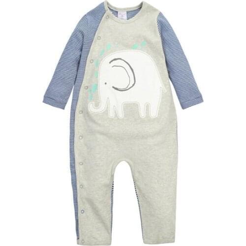 Y383 Baby Conjoined clothing new cotton boy and girl Long-sleeved diagonal open button piece of clothes Blue elephant jersey