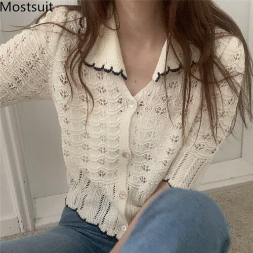 Hollow Knitted Cardigan Tops Women 2021 Summer Short Sleeve Single-breasted Jumpers Korean Elegant Ladies Sweaters Femme