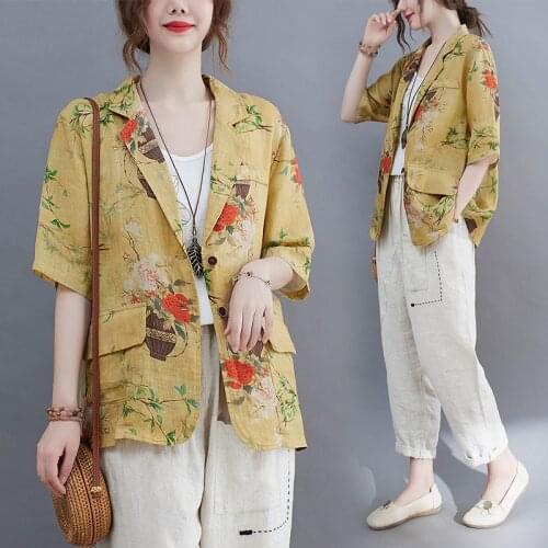 Summer Thin Blazer For Women Vintage Floral Print Fashion Plus Size Loose Casual Oversize Jacket Cardigan Female Outerwear