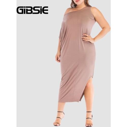 GIBSIE Plus Size O-Neck Summer Dress Solid Casual Split Bodycon Dresses Women 2021 New Fashion Drape Asymmetrical Long Dress