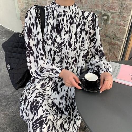 High Quality 2021 Dress Spring New O-Neck Women Full Sleeve Dress Elegant Hit Color Female Lace-up Printed Midi Dress Vestidos