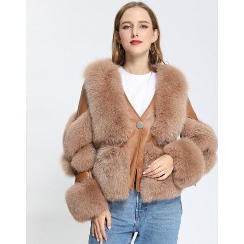 Winter Female Short Fashion Casual V-Neck Real Fox Fur Jacket Coat Women MJF-FC-17