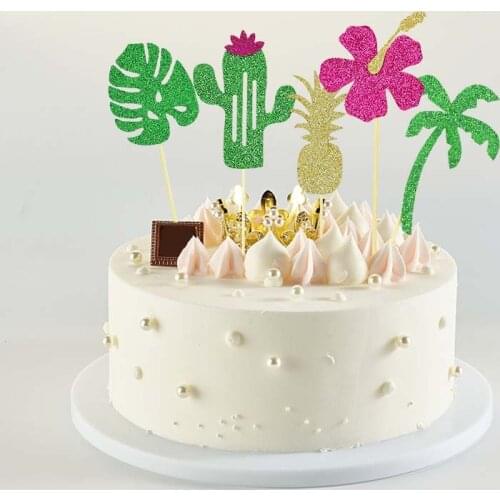 12pcs Tropical Palm Leaves Flamingo Cup Cake Topper Hawai Summer Cactus Celebration Birthday Party Decorations Kids Cake Toppers