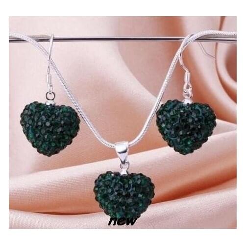 2 set/lot multicolor mixed Heart set silver plated drop earrings Necklace Pendant 16 inch Snake Chains h5365 crystal