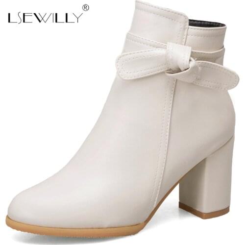 Lsewilly Sweet Lovely Beige White Black Princess Lolita Shoes Plus Size 33-52 Butterfly-knot Thick Heel Ankle Boots Winter E189