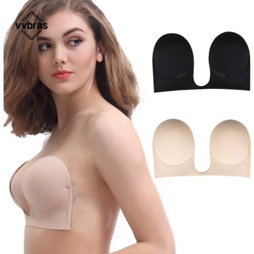 Vvbras Invisible Push Up Bra Strapless Bra Dress Wedding Sticky Self-adhesive Silicone Brassiere Breathable Deep U Bra Underwear