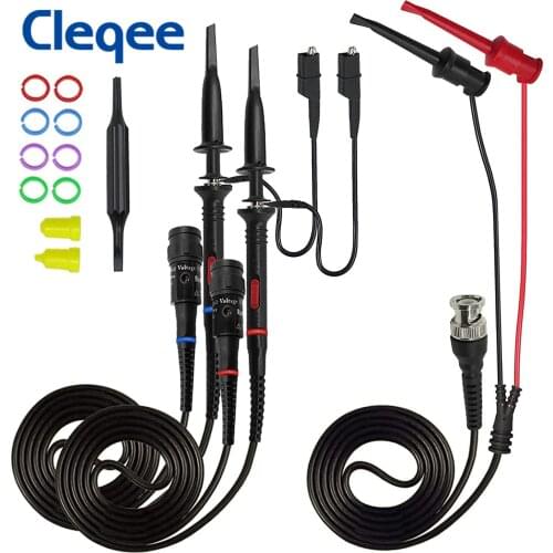 Cleqee X1 X10 100Mhz Safety Fully Insulated Oscilloscope Clip Probes with BNC End to Minigrabber Hook Test Lead Accessory Kit