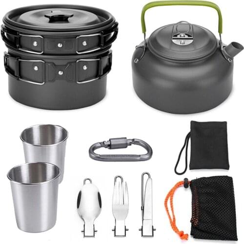 ELOS-Outdoor Camping Hiking Picnic Teapot Pot Set Portable Cookware Mess Kit Camping Cookware Stove with Tea&Coffee Cup Black