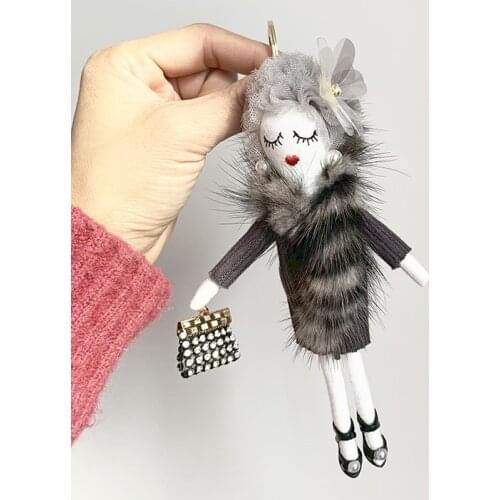 Customerized mink fur lady girl key chain creative person shape handbag pendant mobile phone fur doll decor DIY ornament