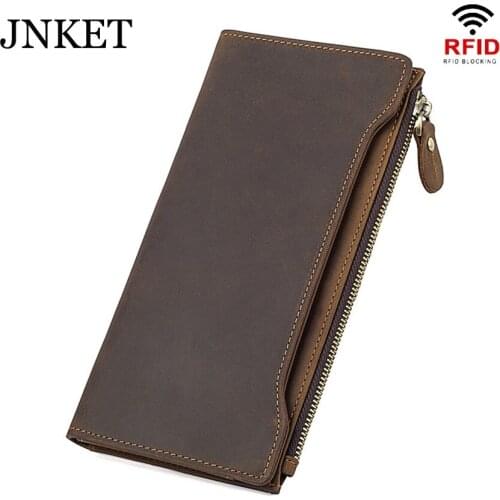 JNKET New Retro Mens Long Wallet Cow Leather Wallet RFID Blocking Wallet Billfold Clutch Wallet Credit Card Wallet