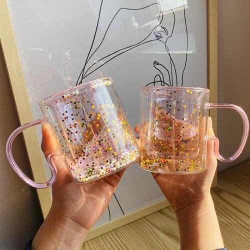 New Korean Style Pink Girl Heart Glass Mug Double Layer Bubble Cup Heat Insulation Drink Juice Big Handrip 280ml