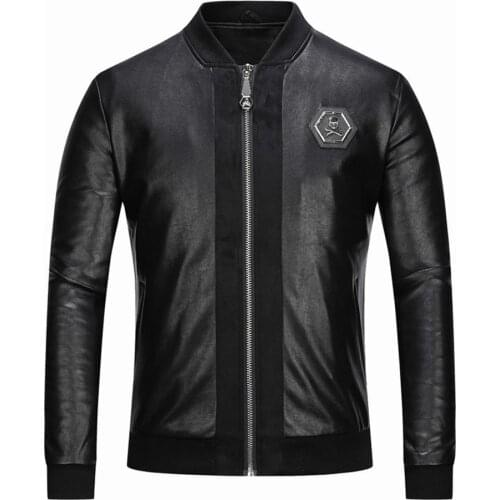 New Occident fashion casual mens skull embroidery Black PU leather coat baseball collar slim Motorcycle Jacket