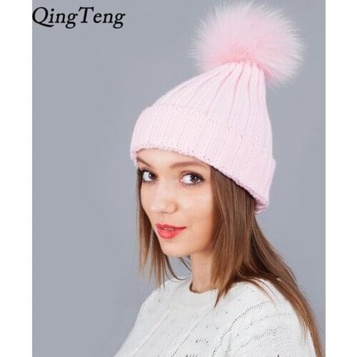 2020 Autumn Winter Hat For Women Girl 'S Hats Fox Fur Ball Cap Pom Poms Knitted Beanies Cap Brand New Thick Female Gorras