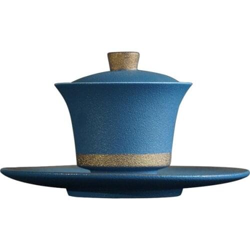 Blue Large Ceramic Retro Tea Tureen Cover Bowl with Lid Sancai Gaiwan Single Tea Bowl Hand Painted Shining Crane Cover Bowl