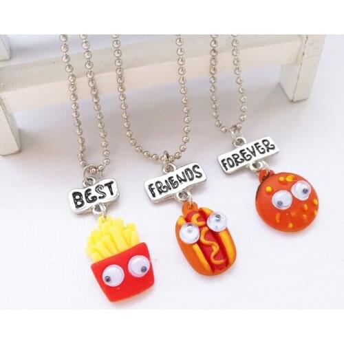 Best Friend Forever BFF pendant bead chain charm necklace fast food cute lovely chips hot dog hamburger kids jewelry movable eye