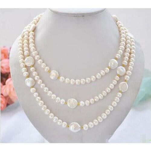 Striking 54" 14mm white coin / 8mm round natural south sea pearl necklace 14k/20
