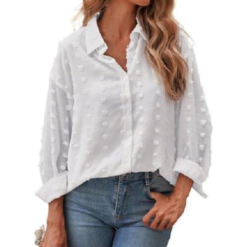 Dropshipping!! Solid Color Turn-down Collar Women Shirt Dot Print Button Closure Long Sleeve Office Shirt Ladies Clothing