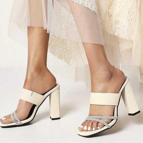 2021 Summer Women Square High Heel Sandals Fashion Sequinted Slip On Slippers Ladies Open Toe Party Shoes Black Beige
