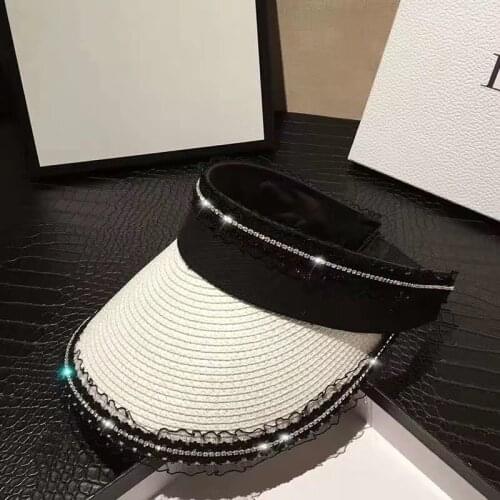 2020 Glitter Rhinestone Straw Hats Sun Visor Hat Women Girls Sun Protection Beach Hat Lace Band Shining Stones Straw Visor