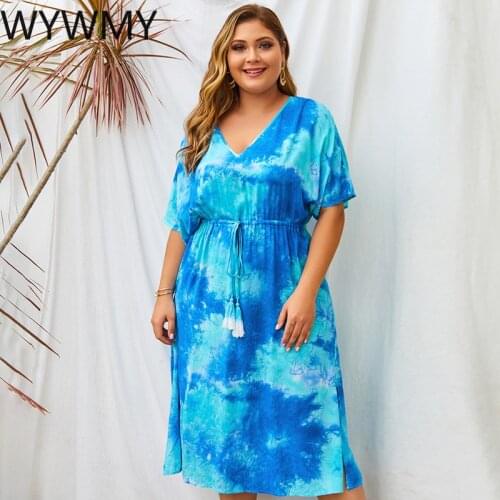 WYWMY 2021 Summer Floral Print Dress V Neck Short Sleeve Plus Size Long Dresses Casual Bandage High Waist Women Clothing Robe