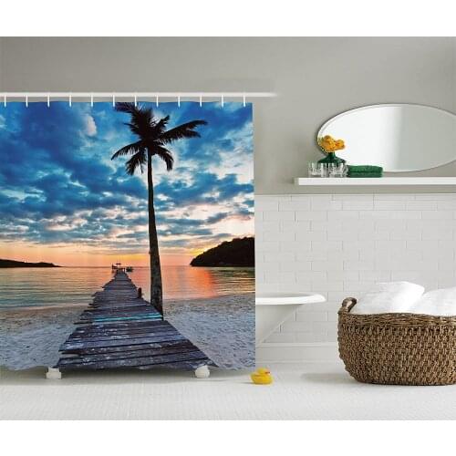 Palm Trees Shower Curtain Tropical Decor Nautical Ocean Artwork Wooden Dock Bridge to Water Waves in Sunset Bathroom Curtains