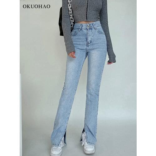 Womens Jeans High Waist Denim Pants Trousers For Female Fashion Elasticity Flared Jeans Split Boot Cut Wide Leg Pant 2021
