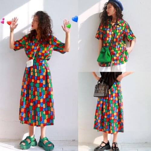 Women Suit Shirt Skirt Patchwork Print Modal Korean Sweet 2 Pic Set Loose Plaid Skirt Y2k All-match Small Fresh Girls Dress